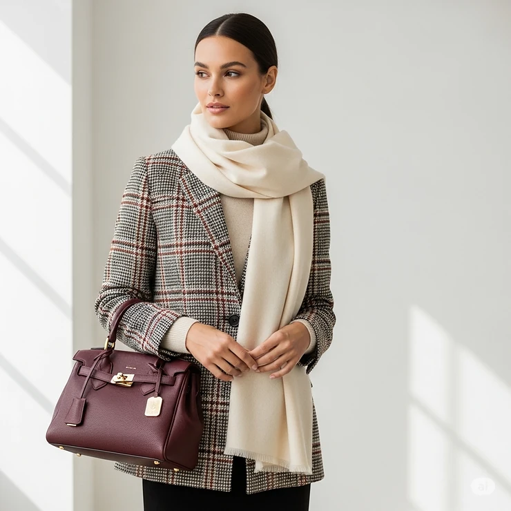  Close-up shot highlighting the intricate woven pattern and quality fabric of a womens plaid jacket.
