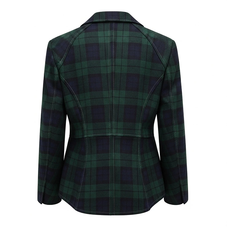 Back view of a well-fitted plaid jacket, highlighting the cut and tailoring that flatter the womens silhouette.