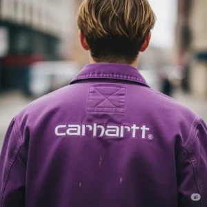 Back view of a purple Carhartt jacket, emphasizing the rugged construction and ample room for movement.