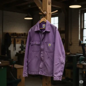 Purple Carhartt jacket hanging on a rustic hook in a workshop, suggesting its authenticity as durable workwear.