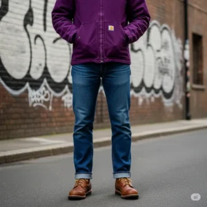 Styling idea featuring a purple Carhartt jacket paired with jeans and boots, demonstrating its versatility for a casual, rugged look.