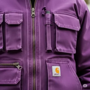 Detailed shot of the sturdy zipper and utility pockets on a purple Carhartt jacket, showcasing its functional design.