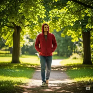 A comfortable red hood jacket being worn during a relaxed stroll in the park.