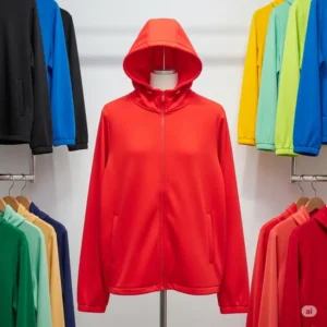 Display of various color options available, highlighting the vibrant red hood jacket design.