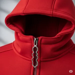 A distinctive zipper pull on a trendy red hood jacket, highlighting its unique design features.