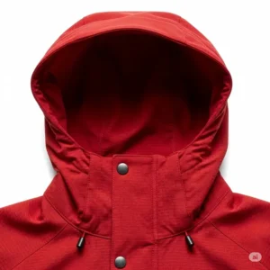 Detailed texture of the durable fabric used in a high-quality red hood jacket.