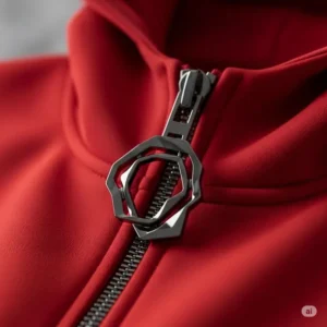 Flat lay image revealing the full cut and style of a modern red hood jacket.