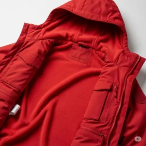  Inside view of a red hood jacket, showcasing its practical pockets and comfortable lining.