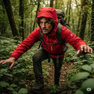 An adventurer wearing a functional red hood jacket suitable for hiking and outdoor activities.