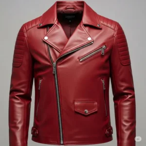 High-quality zippers and metallic hardware detailing on a modern red leather jacket, designed for men