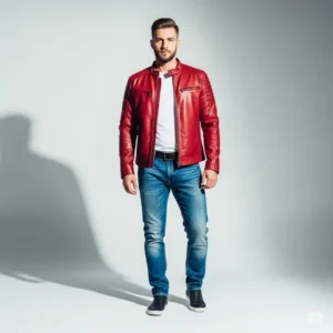 A stylish outfit featuring a red leather jacket paired with classic blue jeans, a popular combination for men