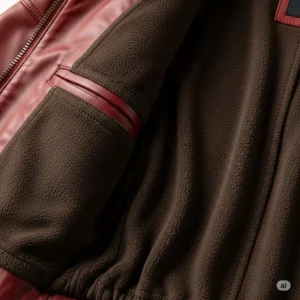 Detailed view of the comfortable and durable interior lining of a red leather jacket designed for men