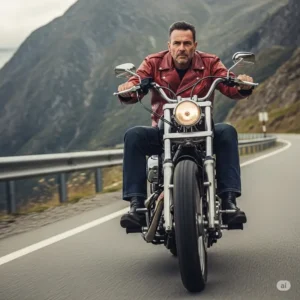 A man confidently riding a motorcycle, wearing a rugged red leather jacket, perfect for bikers and adventurers
