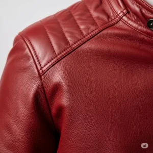 Close-up of the premium quality red leather texture on a men's jacket, highlighting its soft and durable finish.