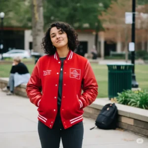 Young person confidently wearing a vibrant red varsity jacket in a relaxed, everyday setting.