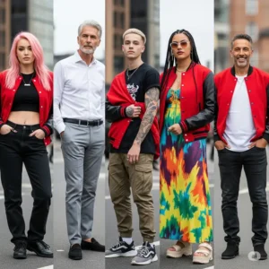 Diverse group of individuals showcasing various fits and ways to style a modern red varsity jacket.