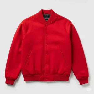 Full view of a red varsity jacket, showcasing its design details, snap buttons, and iconic collar.