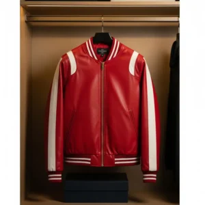 A stylish red varsity jacket neatly displayed on a hanger, ready for wear.