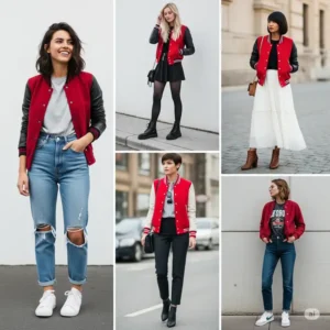 Collection of outfit ideas featuring a versatile red varsity jacket paired with jeans, skirts, and more.