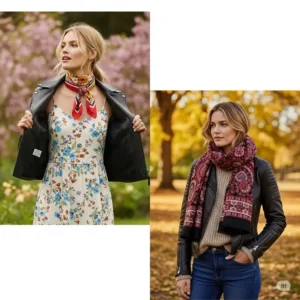 A women's leather flight jacket styled for different seasons, showcasing its adaptability from warm spring days to cooler autumn evenings with a stylish scarf.