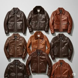 Collection of aviator jackets in various shades of brown leather, showcasing different tones and finishes available.