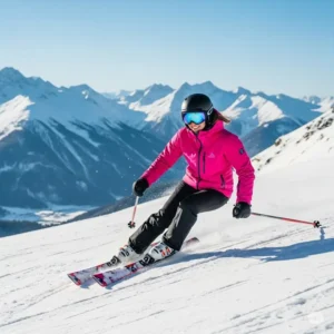 A joyful skier gracefully gliding down a slope, prominently featuring a stylish pink ski jacket designed for comfort and mobility.