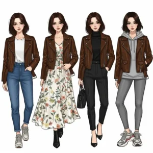 An illustration demonstrating different ways to style a brown leather jacket for a female, showcasing its adaptability.
