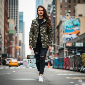 A woman in an urban setting wearing a cool camo jacket, demonstrating its appeal for street style.