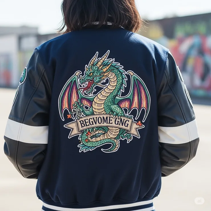 Back view of a womens varsity jacket featuring an embroidered design or patch, showcasing personalized style and details.