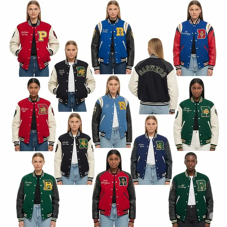 Collection of womens varsity jackets in various popular colors, including red, blue, and green, offering diverse style options.