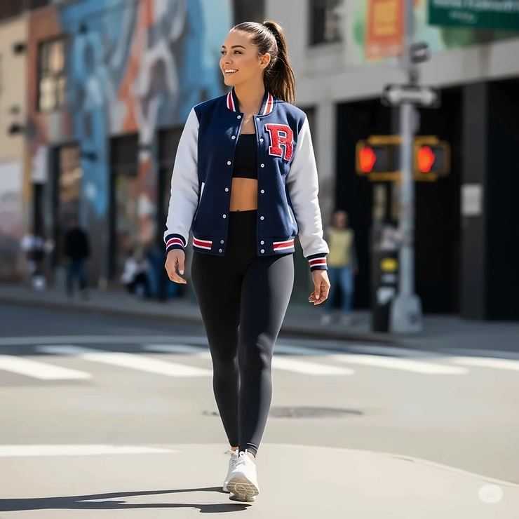 Energetic woman confidently walking while wearing a well-fitted varsity jacket, highlighting its comfortable and fashionable appeal for women.