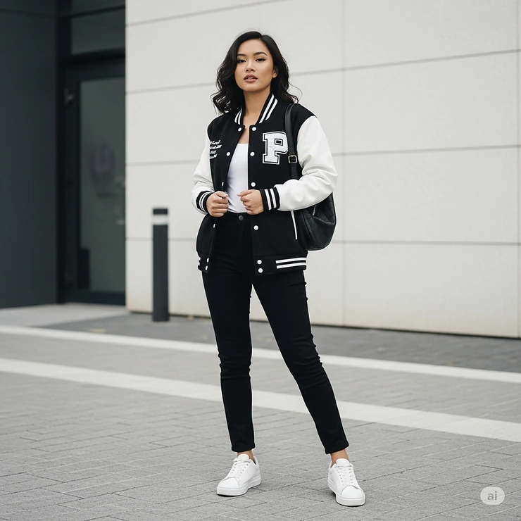 Stylish woman confidently wearing a classic black and white varsity jacket, showcasing a versatile and trendy look for women.