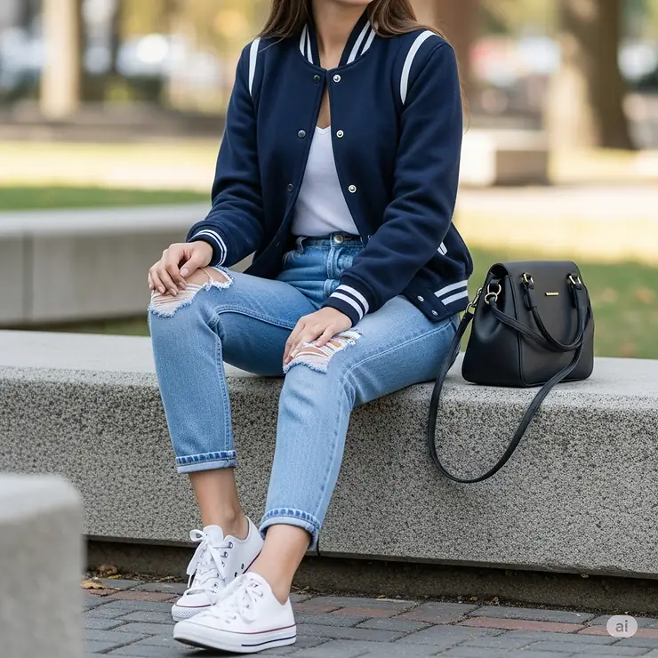 Woman casually pairing a comfortable varsity jacket with distressed jeans and sneakers, a perfect everyday outfit for women.