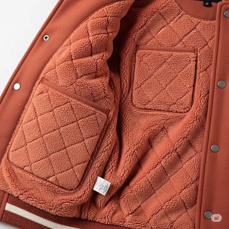 Inside view of a womens varsity jacket revealing its soft quilted lining and functional interior pockets, focusing on comfort and practicality.