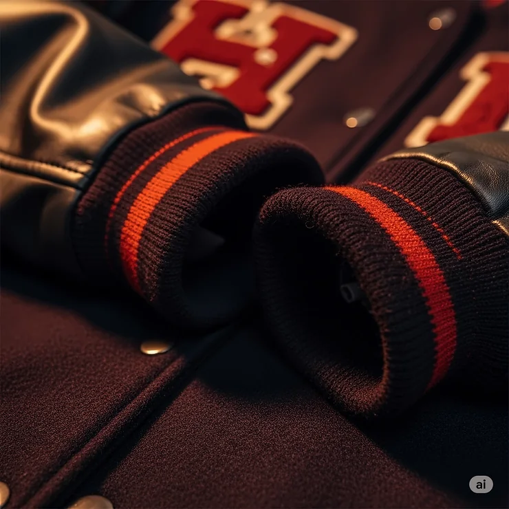 Close-up of premium wool and leather detailing on a womens varsity jacket, highlighting the quality craftsmanship and fabric.