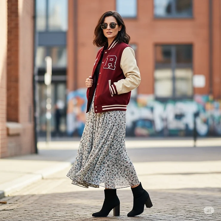 Fashionable woman wearing a varsity jacket over a flowy skirt and boots, demonstrating a chic and unique way to style the jacket for women.