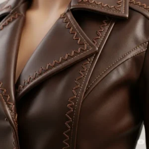 Close-up illustration detailing the intricate stitching and premium quality of a women's brown leather jacket