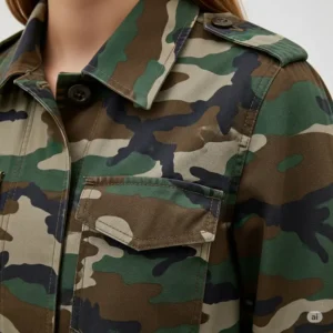 Close-up of a women's camouflage jacket showing the detailed fabric texture and classic print.