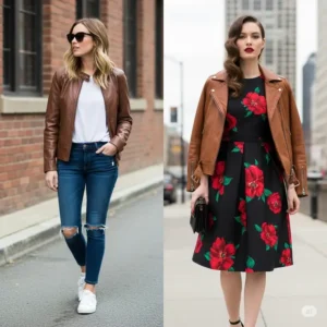 Inspirations for styling a women's leather flight jacket, demonstrating its versatility when paired with both casual jeans and a more formal dress.