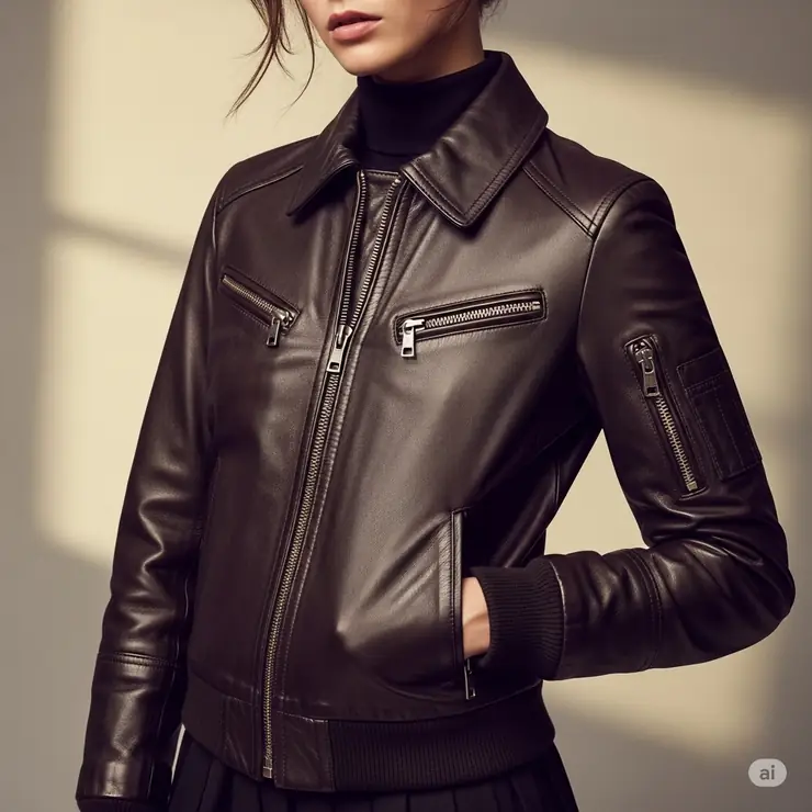 A stylish woman confidently wearing a classic brown leather flight jacket, perfect for adding a vintage touch to her modern wardrobe. leather flight jacket women's