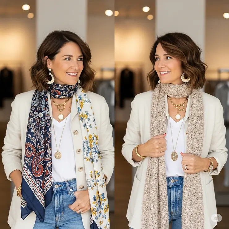 Woman demonstrating creative ways to accessorize a linen jacket with scarves and statement jewelry for a personalized look.