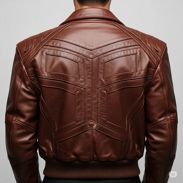 The distinctive back design of a vintage leather bomber jacket, highlighting its broad shoulders and tailored fit.