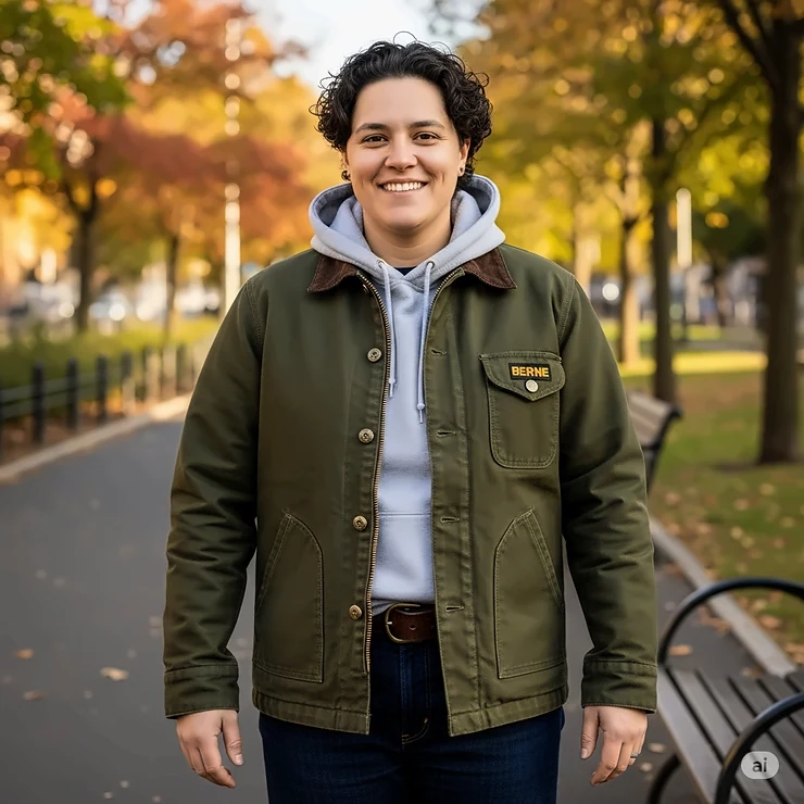 Person wearing a stylish Berne jacket in a casual outdoor setting, showcasing its versatility for everyday wear.