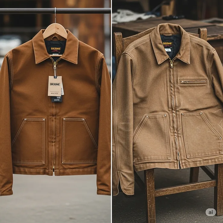 Comparison showcasing the long-lasting durability of a Berne jacket, new versus a well-worn, reliable jacket.