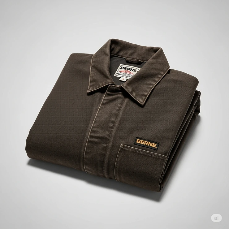 Neatly folded Berne jacket, ready for compact storage or travel, emphasizing its practical design.