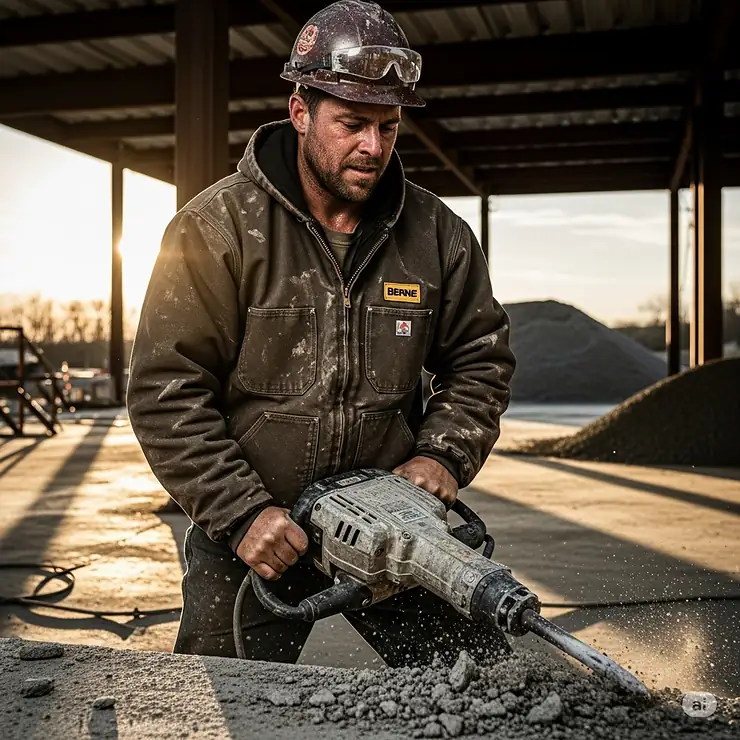 Worker performing heavy-duty tasks while wearing a durable Berne jacket, demonstrating its resilience for demanding jobs.