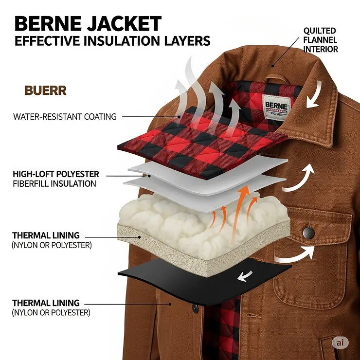Diagram illustrating the effective insulation layers within a Berne jacket, designed for warmth in cold weather.