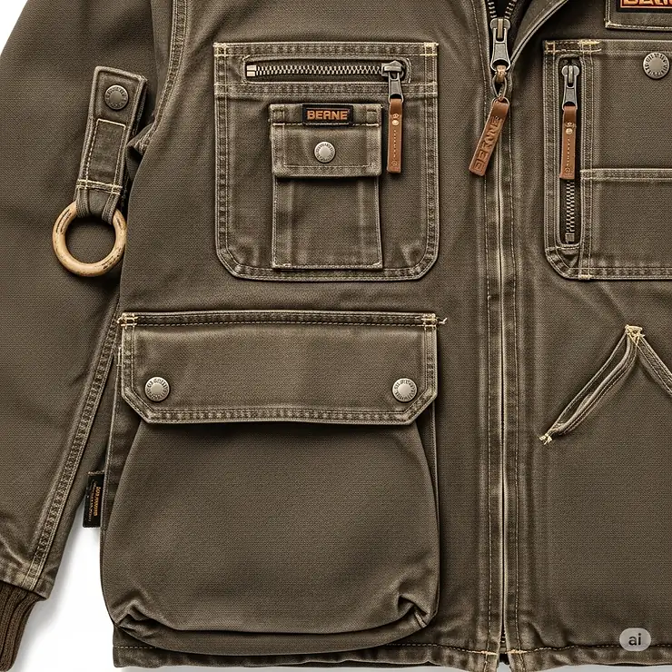 Detailed view of the functional pockets and practical features on a Berne jacket, perfect for storing tools and essentials.