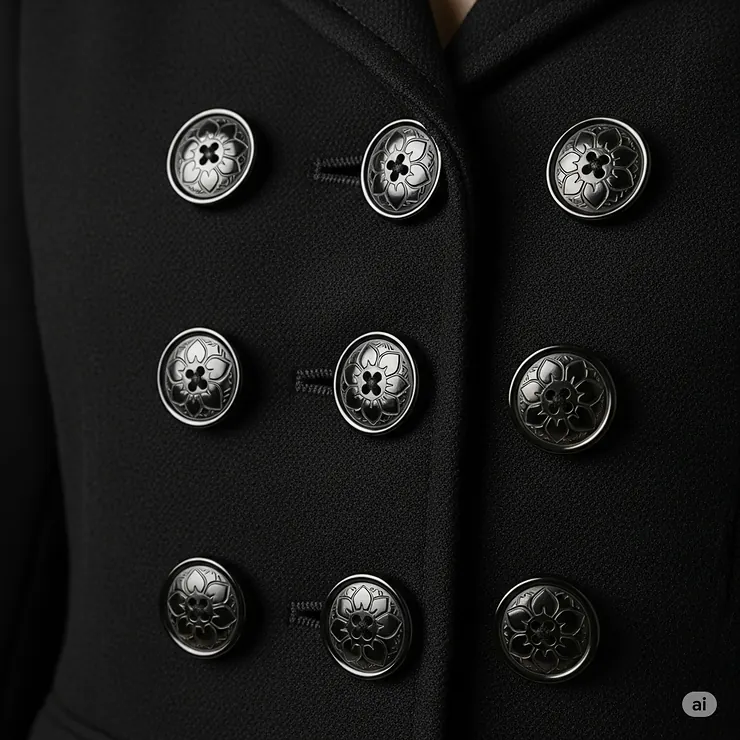Close-up detail of the distinctive buttons on a high-quality ladies black reefer jacket, showcasing craftsmanship.