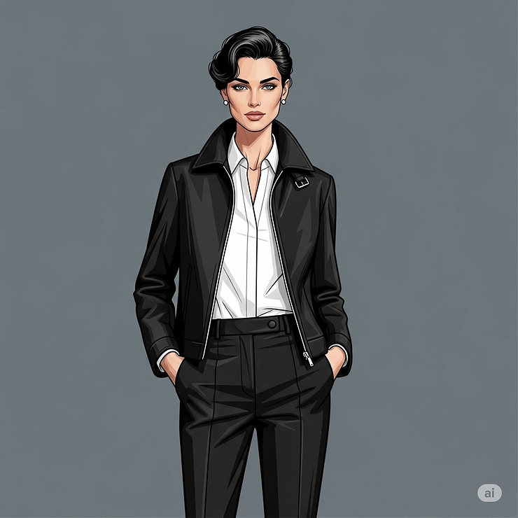 Stylish illustration of a ladies black reefer jacket paired with professional business attire, ideal for work.